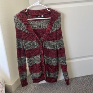 Red and black striped knitted cardigan